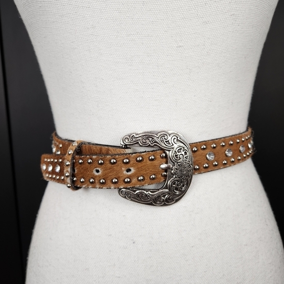 Leather Belt With Cow Hair, Rhinestones & Studs Size 26 - Picture 1 of 8